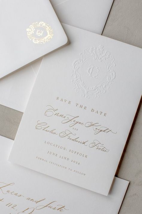 Embossed crest wedding stationery Foil Embossed Wedding Invitations, Gold Envelope Wedding Invitation, Classy Wedding Invitations Gold, Old Money Wedding Invitations, Wedding Invite Inspiration, Elegant Wedding Invitations Classy, Letterpress Wedding Stationery, Wedding Stationary Design, Classic Wedding Stationery