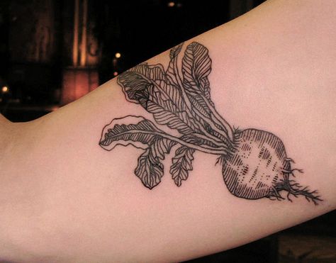 beet #tattoos Turnip Tattoo, Vegetables Tattoo, Vegetable Tattoo, Colour Tattoos, P Tattoo, Food Tattoos, Arm Tats, Botanical Tattoo, Feather Tattoo