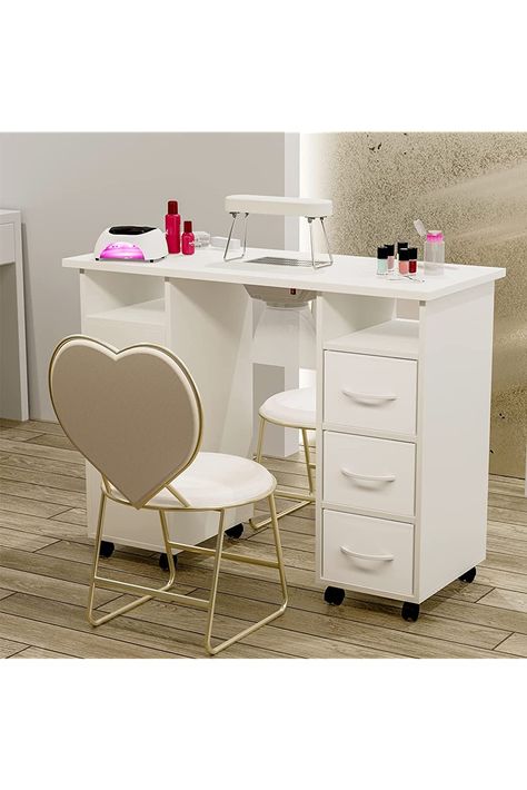 Paddie Manicure Table Nail Desk for Technician, Acetone Resistant Nail Tech Table Nail Table Station w/Dust Collector, Wrist Cushion, Non-Woven Drawers, Lockable Wheels &amp; Cabinet (White) Nail Desk Ideas, Nail Table Ideas, Nail Tech Table, Manicure Table Nail Station, Nail Desk, Nail Station, Fancy Nail Art, Nail Table, Manicure Table