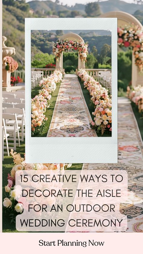 Stunning outdoor wedding ceremony aisle decorated with beautiful floral arrangements and unique aisle runners. Walkway Wedding Decor Pathways, Wedding Runners Aisle, Boho Wedding Aisle Runner, Wedding Aisle Flowers On Ground Diy, Rug Runner Wedding Aisle, Wedding Isles Decoration Outdoors, Wedding Walkway Ideas Outdoors, Summer Wedding Aisle Decor, Tulle Aisle Decorations