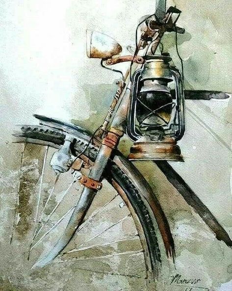 Cycle Painting, Illustration Kunst, Lamp Lantern, Bicycle Painting, Bicycle Art, Cycling Art, 수채화 그림, Watercolor Landscape Paintings, Indian Art Paintings