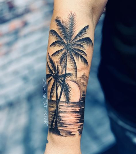 Strand Tattoo, Tropical Tattoos, Tree Sleeve Tattoo, Hawaii Tattoos, Sunset Tattoos, Forearm Band Tattoos, Palm Tattoos, Forearm Sleeve Tattoos, Palm Tree Tattoo