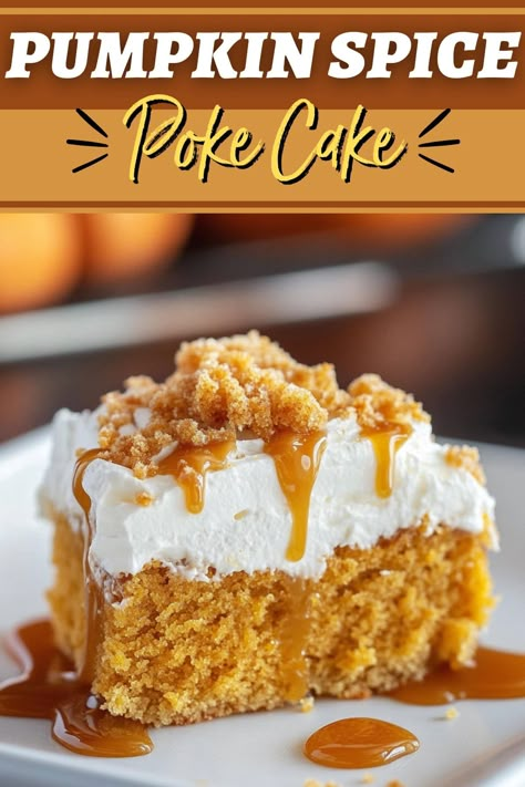 Soft, spiced, and irresistibly sweet, this easy caramel pumpkin spice poke cake combines the cozy flavors of fall with creamy caramel in every bite. Spice Poke Cake Recipes, Spice Cake Recipes Easy, Spice Cake With Pumpkin, Pumpkin Spice Poke Cake, Spice Poke Cake, Fall Pumpkin Desserts, Thanksgiving Baking Ideas, Fall Desserts Pumpkin, Pumpkin Poke Cake