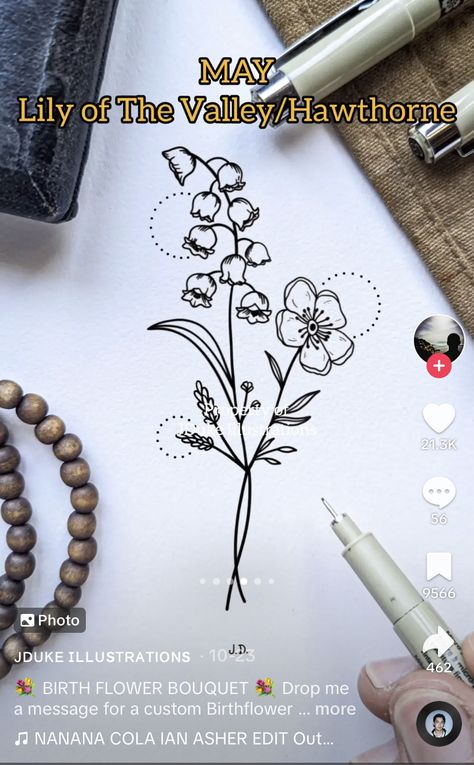 Lily Of The Valley And Hawthorn, Mixed Flowers Tattoo, Hawthorn And Lily Of The Valley Tattoo, Lily Of The Valley Hawthorn Tattoo, Hawthorne Flower Drawing, May Birth Flower Tattoo Hawthorn, Hawthorne Tattoo, Madeline Tattoo, Hawthorn Flower Tattoo