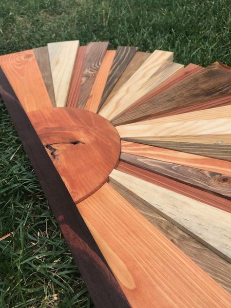 Small Woodworking Projects Wood Lath Art, Lath Art, Modern Wood Art, Sunburst Wall Art, Mountain Wood Art, Wood Wall Art Diy, Entryway Office, Wood Scraps, Rays Of The Sun