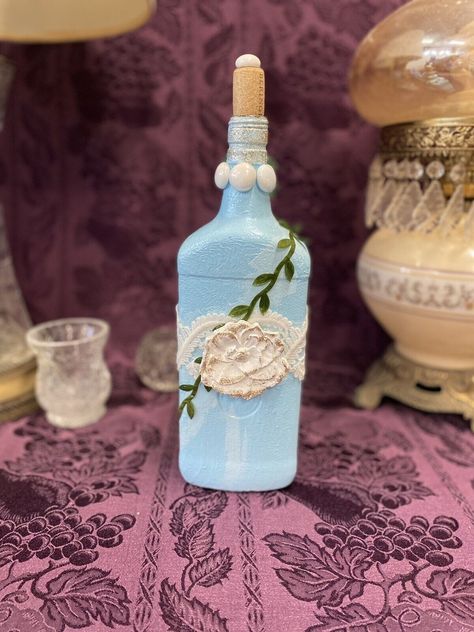 Decorative Bottle Stained Glass Hand Painted Upcycled Blue White Flowers Lace https://www.stylin-spirit.com/products/stained-glass-hand-painted-blue-white Stylin Spirit #Bestseller Stained Glass Bottle, Upcycling Design, Blue White Flowers, Glass Baby Bottles, Glass Bottles Decoration, Unique Vases, Wine Bottle Decor, Glass Artwork, Decorative Glass