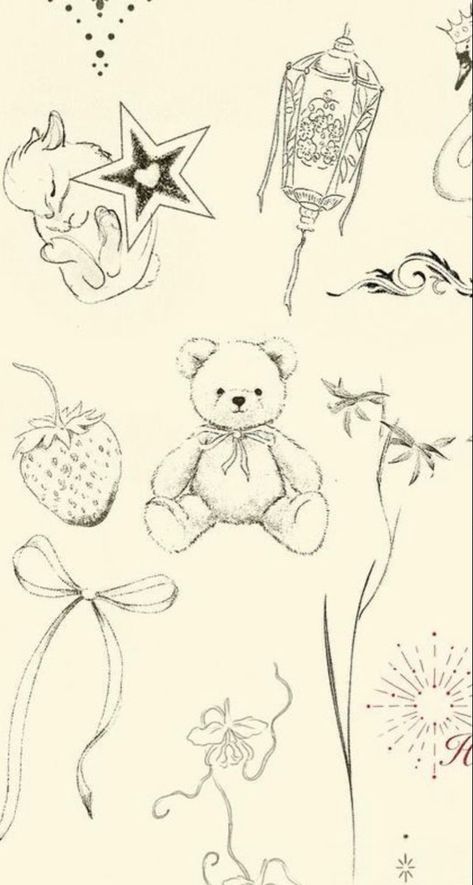 Simple Patchwork Tattoo Ideas Drawings, Creative Tattoo Ideas For Women Unique, Croquette Tattoo, Coquette Widgets Medium, Coquette Tattoo Ideas, Soft Tattoo Aesthetic, Stuffed Animal Tattoo, Coquette Teddy Bear, Teddy Illustration