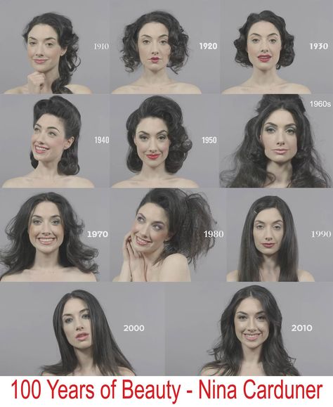 100 Years of Beauty in 1 Minute Hair Through The Decades, Make Up Through The Decades, 1950 Hair And Makeup, 50s Make Up And Hair, Makeup Through The Decades, 100 Years Of Hairstyles, 50 Makeup Vintage, 100 Years Of Hair, How To Do 1950s Hairstyles