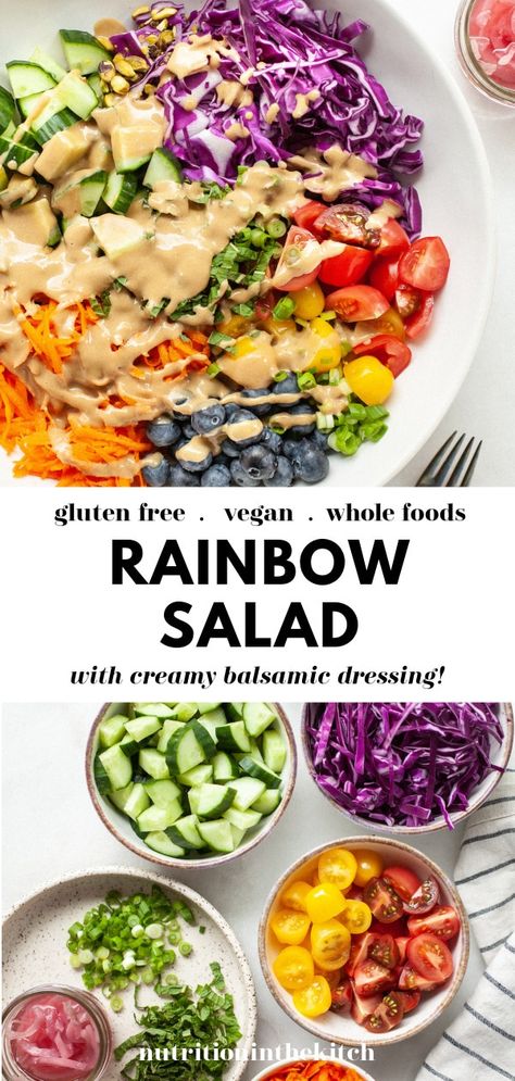 Eat The Rainbow Meal Plan, Rainbow Quinoa Recipes, Veggie Packed Salad, Vegan Salad Bowl, Rainbow Diet, Salad Bowl Recipes, Colorful Salad, Salad With Balsamic Dressing, Rainbow Salad