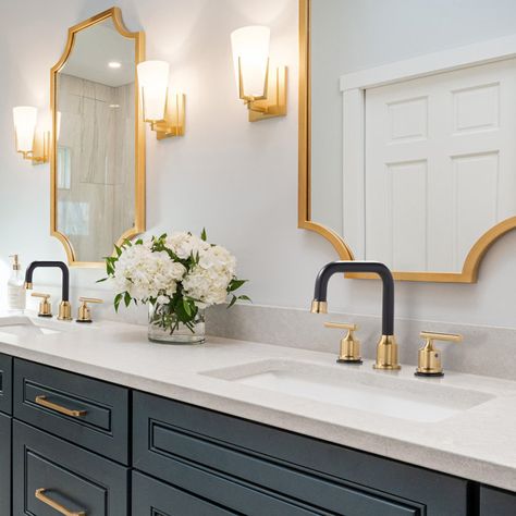 WOWOW Widespread Bathroom Faucet with Drain Assembly | Wayfair Bathrooms With Black And Gold Accents, Good Bathroom Fixtures, Bathroom Vanity Gold Hardware Black Faucet, Black And Brass Bathroom Hardware, Black And Gold Faucet Bathroom, Matte Gold Bathroom Fixtures, Black Faucet Gold Hardware, Black And Gold Hardware Bathroom, Black And Gold Bathroom Fixtures