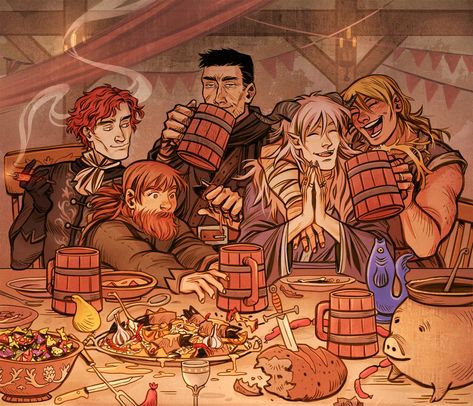 Tavern Drawing Concept Art, Tavern Party Fantasy Art, Dnd Party Drawing Reference, Dnd Group Art Tavern, Tavern Pose Reference, Dnd Party Illustration, Dnd Party Art Tavern, Dnd Group Pose, Fantasy Party Art