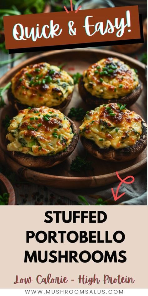 Discover the perfect blend of taste and nutrition with our Quick Stuffed Portobello Mushrooms with Cheese & Spinach! These delicious mushrooms are packed with savory cheese and nutritious spinach, making them a high-protein, low-calorie food that's incredibly easy to make. Whether you're looking for a quick meal or a tasty side dish, these stuffed mushrooms are a fantastic choice. Enjoy the delightful flavors and health benefits in every bite! Mushrooms With Cheese, Stuffed Mushrooms With Cream Cheese, Cream Cheese And Spinach, Stuffed Portabella, Portabella Mushrooms Recipes, Cream Cheese Spinach, Stuffed Portobello Mushrooms, Portobello Mushroom Recipes, Portabella Mushrooms