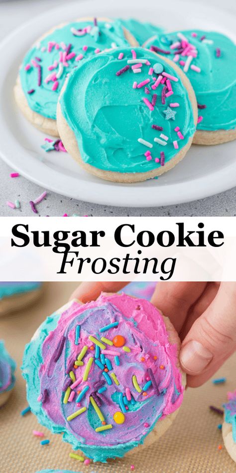 This is the sugar cookie frosting recipe you've been searching for! Made in just 5 minutes with 6 base ingredients and whatever color gel food coloring you want, this recipe is perfect for everything from simple cookies to intricate designs. Butter Icing For Sugar Cookies, Sugar Cookie Frosting Fluffy And Stackable, Soft Sugar Cookie Icing Recipe, Frosting For Cookie Decorating, Frosting For Cookies That Hardens, Cut Out Cookies Frosting, Butter Cream Frosting For Sugar Cookies, Frosting Recipes For Sugar Cookies, Homemade Frosting For Sugar Cookies