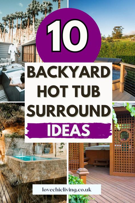 Discover how to elevate your patio with stunning hot tub surround ideas. This article showcases 10 creative designs, from elegant stone works to rustic wooden frames, that will transform your backyard into a luxurious escape. Ideal for those seeking both style and comfort. Click to read the full article. Covered Patios Attached To House With Hot Tub, Backyard Hot Tub Oasis, Backyard Oasis With Hot Tub, Hottub Landscape Ideas Simple, Hot Tub Patio Design, Inflatable Hot Tub Ideas Backyard, Hot Tub Surround Ideas, Hot Tub Landscaping Ideas, Outdoor Hot Tub Ideas