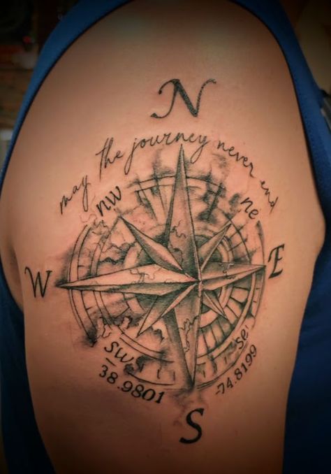 Compass Tattoo may the journey never end Compass Tattoo Shoulder, Shoulder Compass Tattoo, End Tattoo, Brother Tattoos, Torso Tattoos, Tattoo Shoulder, Mens Shoulder Tattoo, Lucky 13, Tattoo Sleeve Designs