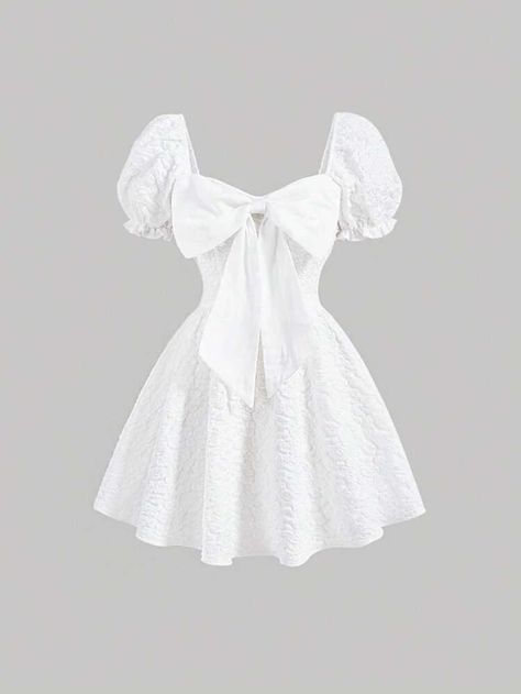 SHEIN MOD Jacquard Puff Sleeve Bow Front Dress | SHEIN USA Cute Dresses To Sew, Simple Dresses Short, Elegant White Dress Short, Bow Dress Outfit, Bow Clothes, Bow Dresses, Rok Mini, Cute White Dress, Chique Outfits