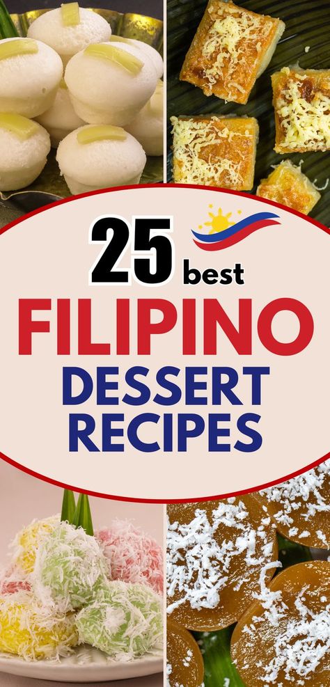 A delicious assortment of traditional Filipino desserts featuring puto topped with cheese, cassava cake with a cheesy finish, pichi-pichi coated in shredded coconut, and kutsinta served with coconut garnish. These colorful and authentic treats are perfect for celebrating Filipino heritage and trying unique Filipino dessert recipes for any occasion. Filipino Christmas Recipes, Filipino Christmas, Filipino Dessert Recipes, Mango Desserts, Easy Filipino Recipes, Sticky Rice Cake, Pinoy Dessert, Cassava Cake, Filipino Food Dessert