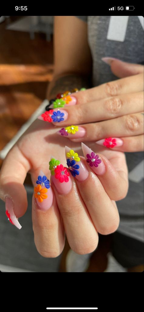 #neon #flowers #nails #nailart #naildesign #aesthetic #color Neon Nails With Glitter, Neon Flower Nails, Flowers Nails, Nails With Glitter, Neon Flowers, Aesthetic Color, Nail Art Designs Videos, Nail Style, Neon Nails