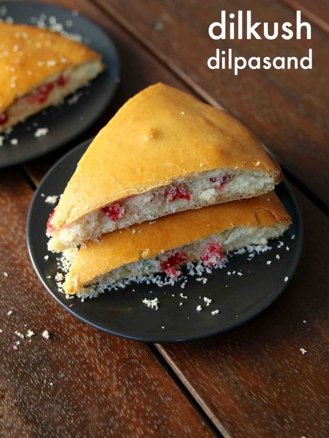 dilpasand recipe | dilkush recipe | bakery style dil pasand sweet with step by step photo and video recipe. these days bakery in india, has to offer myriad variations of snacks which include both sweet and savory. one such common and popular dish is dilkush which is generally consumed as snack and not as a dessert. it is simple dish and combination of tutti fruity with dry coconut makes it a lip smacking snack. Indian Bakery, Samosa Recipes, Jamun Recipe, Kitchen Tricks, Samosa Recipe, Pizza Food, Halloween Recipe, Bakery Desserts, Easy Baking Recipes Desserts