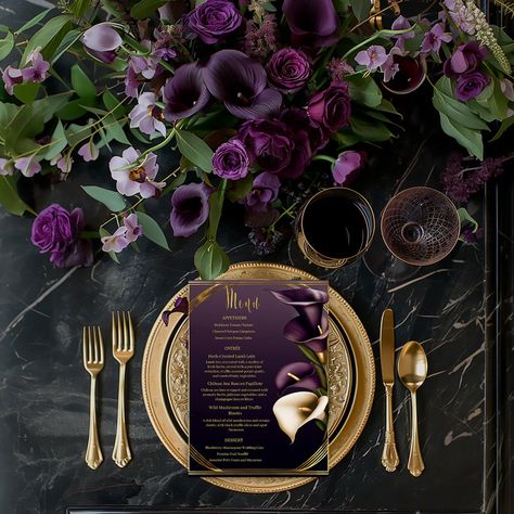 Stylish Violet Purple and Gold Calla Lily Wedding  Menu Purple And Gold Decor, Purple Wedding Color Palette, Color Palette Moody, Destination Invitations, Purple Gold Wedding, Purple Calla Lily, Wedding Rsvps, Wedding Color Palette Ideas, Online Wedding Invitations