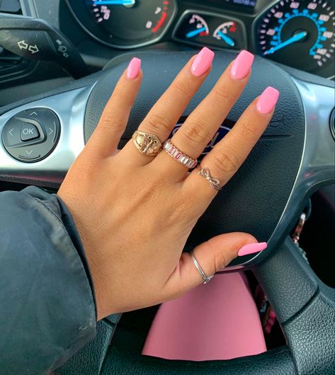 Short Square Barbie Pink Nails, Sorority Formal Nails, Summer Nails Rounded Square, Hot Pink Nail With Design, Square Pink Nails Ideas, Hoco Nails Square, Nails For Hot Pink Dress, Pink Nail Inspo Square, Light Pink Square Nails