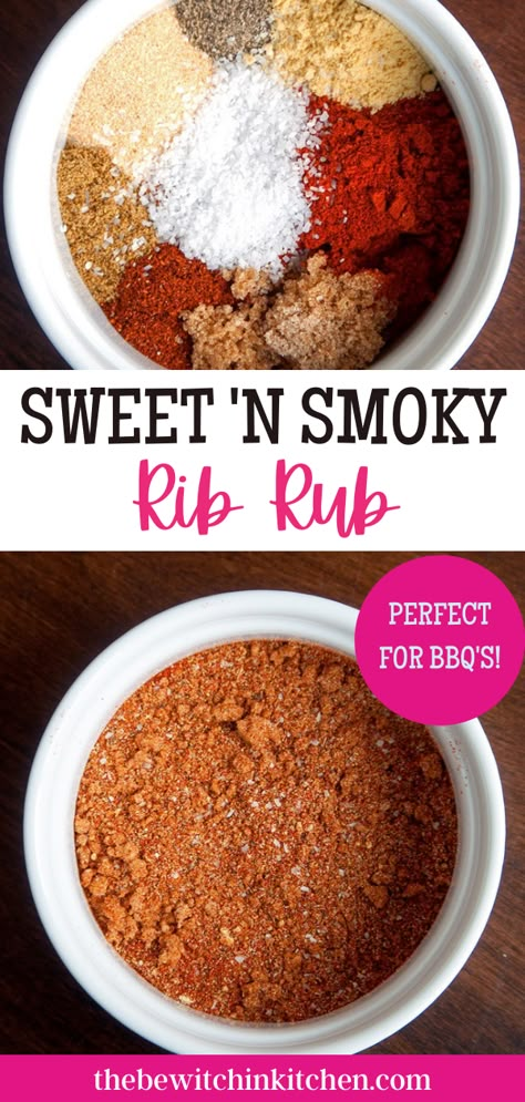 Fire up the grill, this Sweet 'N Smoky Rib Rub recipe is an easy and tasty way to liven up ribs but it also works perfectly when it comes to barbecuing chicken. This rub is made out of brown sugar, a bunch of herbs, and kosher salt - it doesn't get much simpler than that! It's perfect for dinners with the family or to amaze the company at your neighborhood barbeque. Barbecue Seasoning Recipe, Homemade Rib Rub, Rib Rub Recipe, Diy Seasonings, Bbq Rub Recipe, Homemade Rubs, Spice Rubs, Homemade Dry Mixes, Dry Rub Recipes