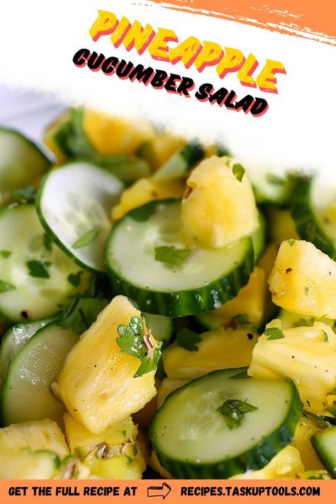 Refreshing and crisp, this Pineapple Cucumber Salad is a delightful fusion of tangy and sweet flavors, embellished by a hint of mint. Perfect for summer BBQs or a healthy snack! Follow our step-by-step recipe and enjoy this tropical blast. Don't forget to pin and share! Pineapple And Cucumber Salad, Pineapple Cucumber Salad, Pineapple Cucumber, Light Side Dishes, Pineapple Salad, Cut Pineapple, Chopped Pineapple, Ripe Pineapple, Cucumber Recipes Salad