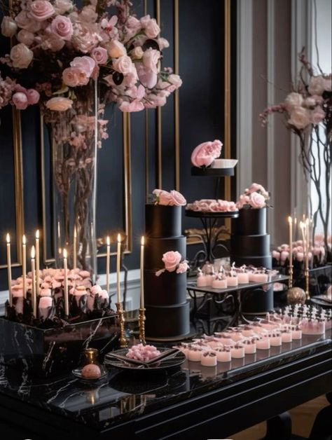 Black And Blush Birthday Party, Dusty Pink Black And Gold Wedding, Blush And Black Party Decor, Black With Pink Wedding, Wedding Black And Rose Gold, Peach And Black Wedding Theme, Blush Pink And Black Quinceanera, Black And Champagne Wedding Colors Blush Pink, Black And Soft Pink Wedding