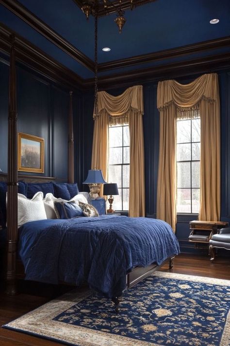 Bedroom Walls Paint, Dark Blue Bedroom Walls, Dark Bedroom Walls, Sustainable Bedroom, Dark Blue Rooms, Dark Blue Bedroom, Classic Bedroom Decor, Blue Bedroom Walls, Dark Blue Bedrooms