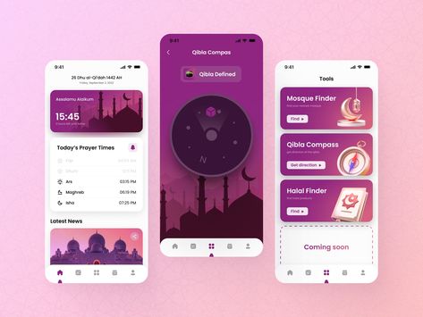 Muslim App by Ann Minaeva on Dribbble Ux Moodboard, Islamic Apps, Quran App, Vector Portrait Illustration, App Ideas, Prayer Time, Muslim Prayer, Prayer Times, Vector Portrait