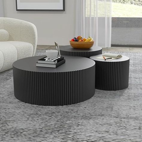 Amazon.com: kevinplus Black Round Coffee Table Set of 3 Modern Drum Circle Nesting Coffee Tables for Living Room, Contemporary Wood Fluted Embossed Side Table End Table, No Assembly, Black (3-Pcs) : Home & Kitchen Black Round Coffee Table, Round Black Coffee Table, Drum End Table, Big Coffee Table, Round Coffee Table Sets, Drum Circle, Round Coffee Table Modern, Living Room Table Sets, Round Wood Coffee Table