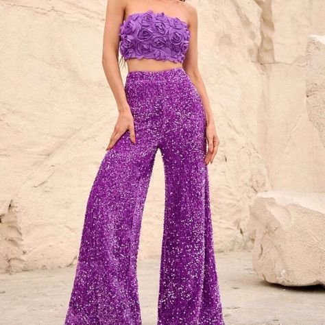 Purpleshirred Back Tube Top & Sequin Wide Leg Pants 95% Polyester 5% Elastane 30th Birthday Outfits For Women, Purple Party Outfit, Sequin Wide Leg Pants, Brown Strapless Dress, Sequin Set, Sequin Pant, Purple Two Piece, Leg Of Mutton Sleeve, Visual Style