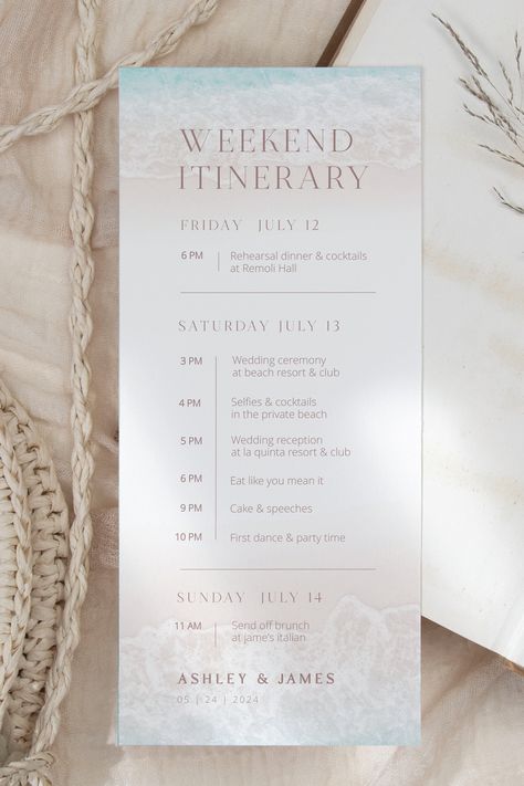 Beach Wedding Itinerary Template, Beach Wedding Timeline, Beach Wedding Itinerary, Destination Wedding Itinerary, Weekend Itinerary Template, Wedding Agenda, Sand Wedding, Wedding Itinerary Template, Wedding Weekend Itinerary