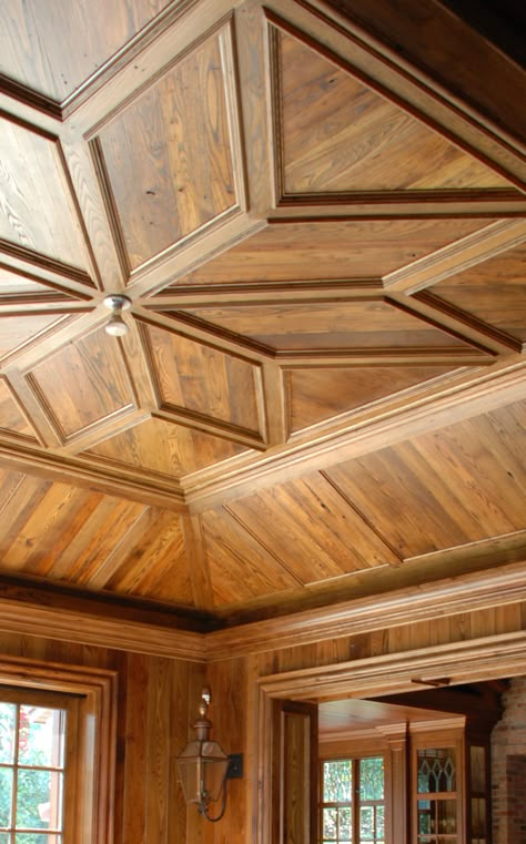 Ceiling - custom craftwork. Reclaimed antique heart pine by #wholeloglumber Woodwork Ceiling Design, Antique Ceiling Design, Wooden Work In Ceiling, Pine Wood Celling Design, False Ceiling With Wooden Work, Reclaimed Wood Coffered Ceiling, Classic Ceiling Design, Coffered Ceiling Design, Wooden Ceiling Design