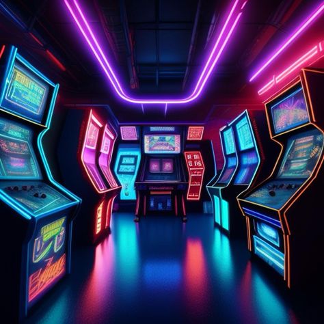 "They swore Charley's arcade ran on nothing but pure 1980s pixelated magic – probably had an atomic reactor hidden in there!" #arcade #memphis #oldschool #retrowave #retro #gaming #1980s Retro Arcade Aesthetic, 80s Arcade Aesthetic, Futuristic Arcade, Arcade Business, Modern Arcade, Arcade Building, Arcade Party, Arcade Aesthetic, 80s Arcade