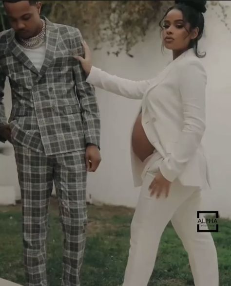 Maternity Pajama Photoshoot, Men Maternity Shoot Outfit, Blazer Maternity Photoshoot, Black Couples Maternity Photoshoot, Black Themed Maternity Shoot, Maternity Photography Ideas Black Women, Maternity Pictures Black People, Maternity Shoot Black Couple, Black Maternity Pictures With Husband