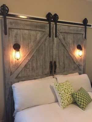 Cheap Headboard, Living Room With Tv, Bedroom Barn Door, Door Headboard, Headboard With Lights, Pallet Bed, Diy Headboards, Diy Headboard, Diy Barn Door