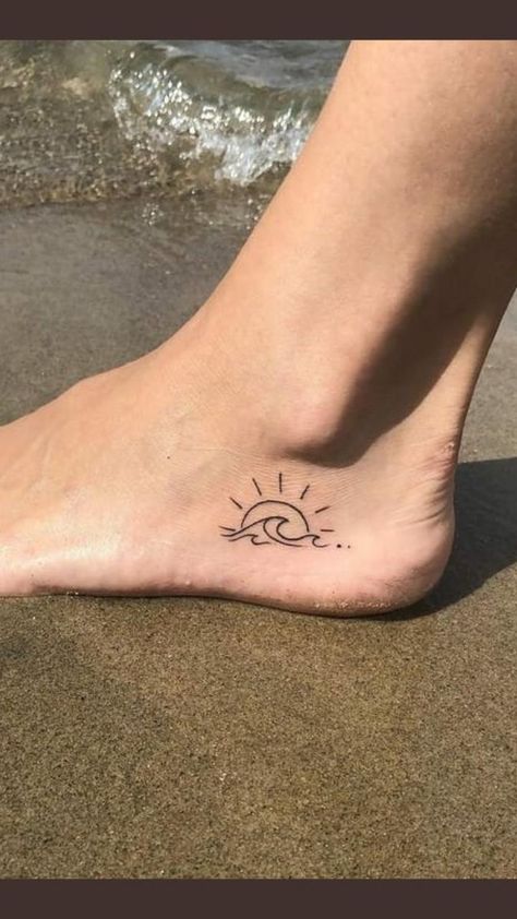 Simple Beach Tattoo Ideas, Wave Beach Tattoo, Wave Foot Tattoo, Simple Beach Tattoo, Tiny Beach Tattoos, Sun And Wave Tattoo, Beach Inspired Tattoos, Ankle Tattoo For Girl, Sunset Tattoo