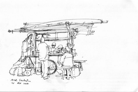 street vendor by rudi ' sketch, via Flickr Street Vendor Design, Street Vendor Drawing, Nasa Sketch, Community Sketch, Buildings Drawings, Memory Drawing, Architecture Design Presentation, Conceptual Sketches, Tea Illustration