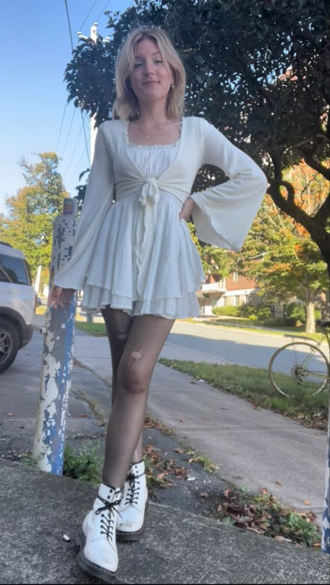 Fairycore Babydoll Dress, Punk White Dress, White Docs Aesthetic, White Mini Dress With Tights, White Doc Martens With Dress, White Skirt Tights Outfit, White Witchy Outfit, White Dress And Tights Outfit, Layered Babydoll Dress