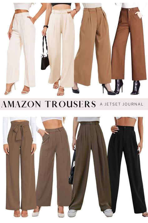 Discover how to style wide leg trousers in the most fashionable ways in our latest Jetset Journal. We showcase chic and casual looks featuring Amazon's must-have wide leg trousers, perfect for your summer wardrobe. Get ready to make heads turn in your wide leg trousers outfits! Casual High Waist Wide Leg Pants With 4-way Stretch, High-waisted Elastane Wide Leg Pants For Fall, Spring Wide-leg Elastane Pants, High-waisted Wide Leg Elastane Pants With 4-way Stretch, Versatile Non-stretch Wide Leg Trousers, Casual Travel Outfit, Women's Wardrobe Essentials, Wide Leg Trousers Outfit, Trousers Women Wide Leg