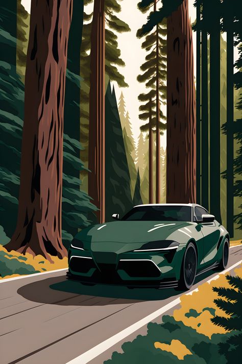 A stunning hand-crafted work of art featuring the Toyota Supra 5th generation in a pine forest. The design's unique composition is inspired by the style of modern and vintage travel posters to create a work of art that will stand out. Supra Art, Toyota Supra Mk5, Supra Mk5, Forest Poster, Car Prints, Salem Oregon, Anime Artwork Wallpaper, Automotive Art, Car Interior Decor