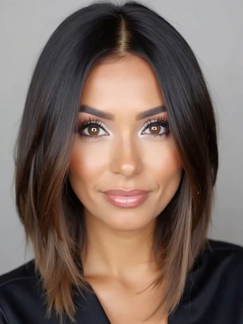 30 Medium-Length Straight Haircuts That You’ll Love to Try Right Now Medium To Long Bob Hairstyles, Trendy Shoulder Length Haircuts Straight, Lob With Framing Layers, Hairstyles For Medium Length Hair Middle Part, Straight Edge Bob Haircut, Lob Haircut Middle Part, Flattering Shoulder Length Hair, Dark Straight Hairstyles, Medium Length Choppy Layers Straight