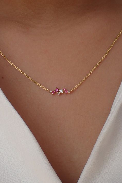 For Ready-to-ship items search here, https://etsy.me/39BDvMS Pink Sapphire with Sapphire Cluster Necklace - Mother Day Gift - Gift for Mom - Necklace for Mom -Sapphire Necklace 14k Gold 18 Inches max length when used with included gold pendant. Features * Made to order * Materials: Solid Gold * Gold KT: Available in 14k * Custom Gold Color: Yellow Gold, White Gold and Rose Gold * Gemstone: Natural High Quality Pink and White Sapphires (Message us for other gemstones) * Number of stones: 8 * Gems Pink Gold Necklace, September Birthstone Necklace, Pink Gemstone Necklace, Pretty Jewelry Necklaces, Gold Jewelry Simple Necklace, Necklace For Mom, Mother Day Gift, Gold Pendant Jewelry, Indian Jewelry Sets