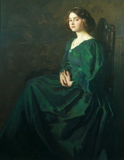 "The Green Gown" (19th or 20th century) Thomas Edwin Mostyn | Flickr - Photo Sharing! Istoria Artei, Jan Van Eyck, Green Gown, Classic Paintings, Art Uk, Green Decor, Old Paintings, Classical Art, A Chair