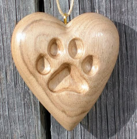 Paw Print Heart Wood Carving Dog or Cat, Ornament, Hand Carved Gift Sculpture Hanging Kitty Home Decor Brown Handmade Art by Joan For Sale Tre Kunst, Wooden Jewelery, Dremel Crafts, Paw Print Heart, Dremel Carving, Wood Jewelery, Heart Wood, Dremel Wood Carving, Cat Paw Print