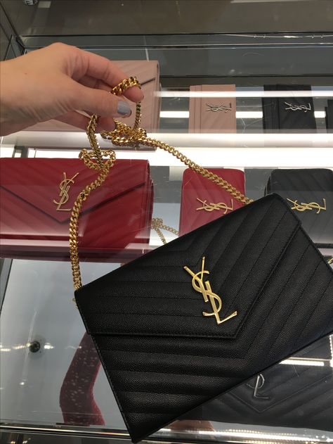 Saint Laurent black monogram chain wallet $1650 @ ysl.com  My dream crossbody purse Black Ysl Purse, Ysl Chain Wallet, Ysl Monogram Chain Wallet, Timeless Handbags, Ysl Wallet On Chain, Ysl Crossbody Bag, Ysl Purse, Ysl Handbags, Ysl Wallet