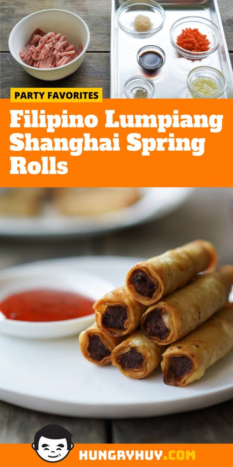 Hot and crispy fried spring rolls filled with seasoned ground pork and dipped into a sweet and sour sauce–lumpiang Shanghai, or lumpia, is my go to snack at any Filipino party and it never disappoints. Lumpia Shanghai Recipe, Philapino Recipes, Lumpia Recipe Filipino, Filipino Spring Rolls, Lumpia Filipino, Lumpia Shanghai, Filipino Lumpia, Lumpiang Shanghai, Shanghai Food