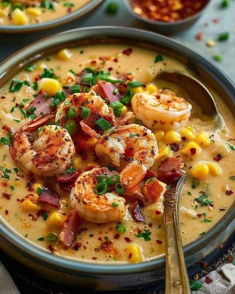 Antonia Lofaso | Louisiana Shrimp and Corn Bisque | Facebook Shrimp And Corn Bisque, Shrimp And Corn Soup, Louisiana Shrimp, Corn Bisque, Shrimp And Corn, Pescatarian Meals, Abs Excercise, Soup Ideas, Cajun Dishes