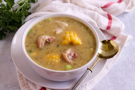 Corn Soup With Pigtail And Dumplings - Jehan Can Cook Pigtail Soup, Corn Soup, Ethnic Food, Split Pea, Green Peas, Coconut Cream, Dumplings, Garlic Cloves, Soups